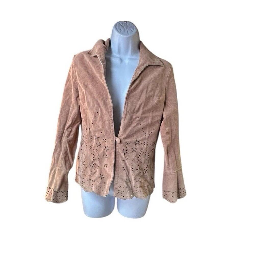 Georgiou Studio Suede Laser Cut Boho Western Leather Jacket Pink Size 10 READ